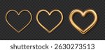 3D golden metal hearts set. Realistic love symbols with glossy reflections and varying thickness. Romantic decorative elements for Valentine Day or wedding design.