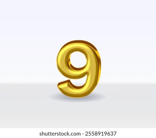 3d golden metal numbers number 9 on white background.