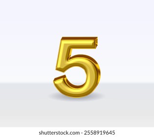 3d golden metal numbers number 5 on white background.