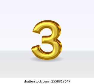 3d golden metal numbers number 3 on white background.