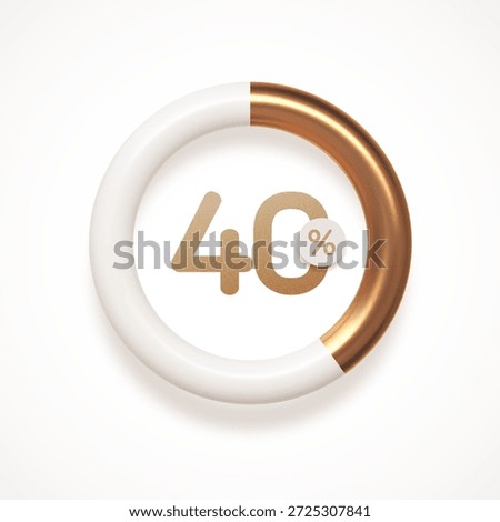 3D golden metallic 40 percent circle chart. Realistic vector infographic element for progress, download, business report, or discount design.
