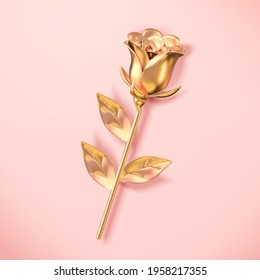 3d golden metallic rose viewed from above. Flower element isolated on pink background, suitable for Mother's Day and Valentine's Day.
