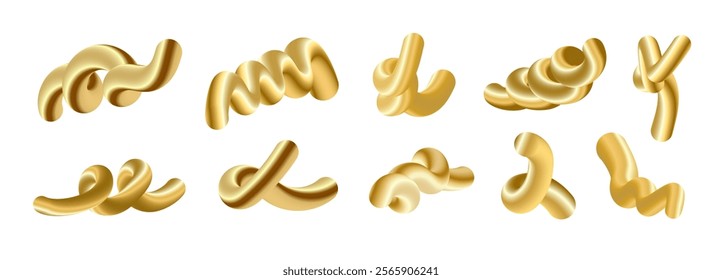 3d golden metallic twisted liquid lines shapes. Abstract metal effect realistic fluid forms. Trendy gold gradient spiral elements. Vector set isolated