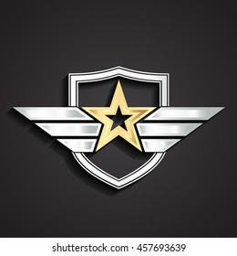 3d golden military star symbol with silver shield and wings / vector illustration