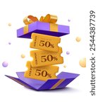 3d golden minimal coupons inside a opened collapsed luxury gift box, isolated on white background. Purple gift voucher with coupon code for discount event. 3d premium gift voucher vector