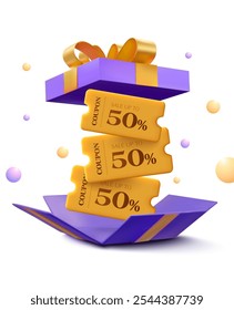 Cupones mínimos dorados 3D dentro de una caja de regalo de lujo colapsada abierta, aislada sobre fondo blanco. Voucher regalo púrpura con código de Cupón para evento de descuento. Vector de cupón de regalo premium 3D