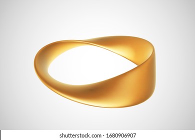 3D golden Moebius strip isolated on white background. Concept of eternity, endless and limitless income. Vector illustration of Moebius tape - abstract infinity symbol. Geometric object made of gold.