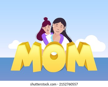 3D Golden Mom Font With Young Girl Hugging Her Mother From Behind On Blue Background.