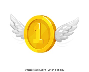 3d golden money coin with wings. Isolated vector gold flying currency with number one engraving signify financial growth, success, cash and finance freedom. Yellow winged golden coin soar in the air