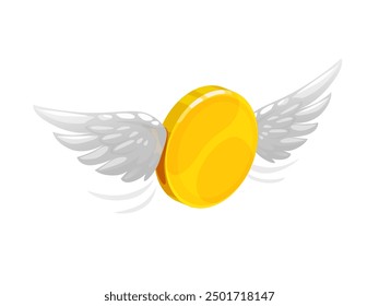 3d golden money coin with wings. Isolated vector gold flying currency with shiny, glossy surface, signify financial growth, success, cash and finance freedom. Yellow winged golden coin soar in the air