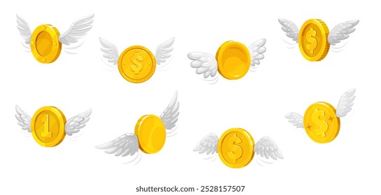 3d golden money coins with wings. Isolated vector flying currency, enchanting, mythical treasures, glimmering as they soar through the air, propelled by magical wings, symbolizing prosperity, fortune