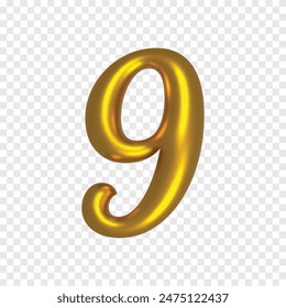 3d dorado nueve dígitos 9 número brillante alfabeto letra Clipart png fondo transparente para boda o aniversario