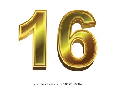 3d golden number 16 isolated on white background
