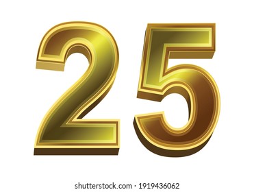 3d golden number 25 isolated on white background