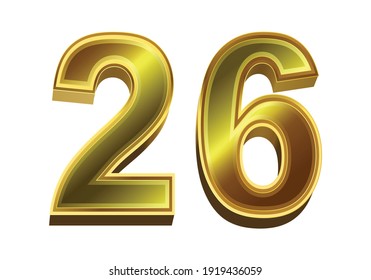 3d golden number 26 isolated on white background