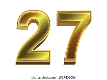 3d golden number 27 isolated on white background