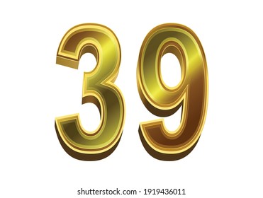 3d golden number 39 isolated on white background