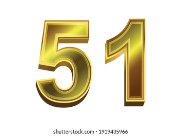 3d golden number 51 isolated on white background