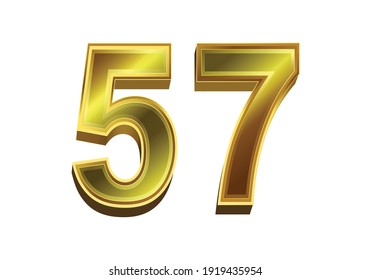 3d golden number 57 isolated on white background