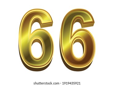 3d golden number 66 isolated on white background
