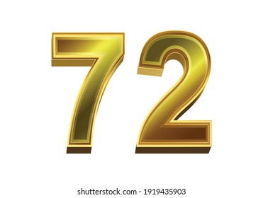 3d golden number 72 isolated on white background