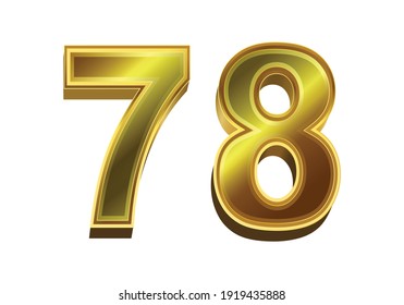 3d golden number 78 isolated on white background