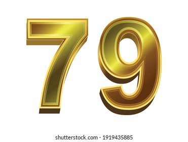 3d golden number 79 isolated on white background