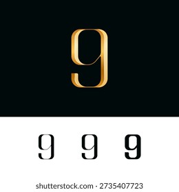 3d golden number 9 for logo, including set of four different numerals nine perfect for logotypes, vector illustration 10EPS