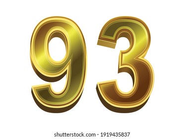 3d golden number 93 isolated on white background