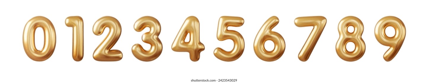 3d Golden Number Balloons 0 to 9. Foil and latex balloons. Helium ballons. Party, birthday, celebrate anniversary and wedding. 3d rendering. Vector illustration