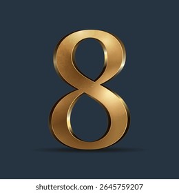 3D golden number eight. Glossy metallic digit with reflections. Premium ancient typography for anniversary, award, or VIP concept. Design vector graphic for any layout or advertising.