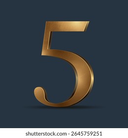 3D golden number five. Glossy metallic digit with reflections. Premium ancient typography for anniversary, award, or VIP concept. Design vector graphic for any layout or advertising.