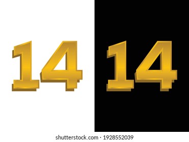 3d golden number isolated 14 on Black and white background