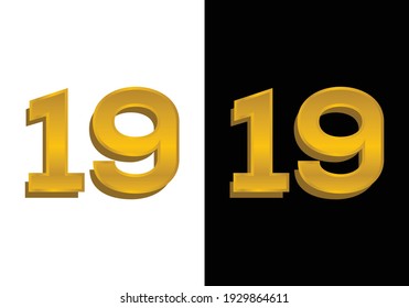 3d golden number isolated 19 on Black and white background