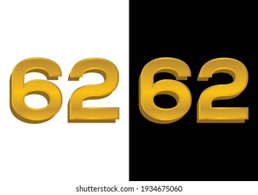 3d golden number isolated 62 on Black and white background