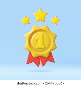 3D Golden number one badge with red ribbons and three yellow stars above, representing winning, excellence, or top achievement. 3d rendering. Vector illustration