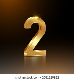 3d golden number two, 2, vector 2nd Year anniversary celebration background, second position concept, gold logo isolated on black square template 