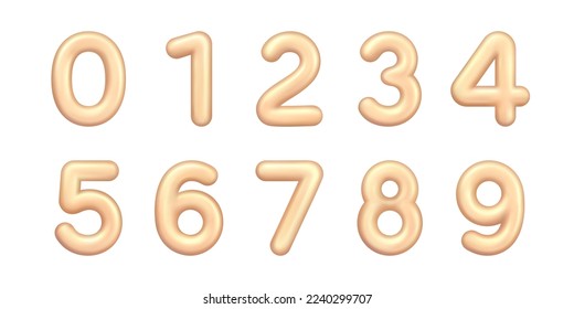 3 d Números de oro. 0,1,2,3,4,5,6,7,8,9. Signos numéricos en color dorado. Símbolos tridimensionales reales dorados brillantes aislados en blanco. Cumpleaños, Aniversario, Año Nuevo, Concepto de Festividad. vector de representación 3D. Conjunto de iconos