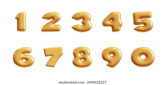 3d golden numbers 1, 2, 3, 4, 5, 6, 7, 8, 9, 0. Stock vector illustration on isolated background. 