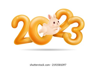 3D golden numbers of 2023 New Year with jumping rabbit. Shine gold decor for coming year calendar. Design element for decoration New year, holiday sale, xmas or celebration party. Vector