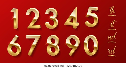 3D golden numbers set with glitter vector illustration. Luxury gold font with sparkles on red background for birthday or anniversary celebrating poster, elegant award and greeting card design