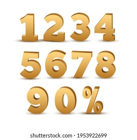 3d golden numbers set. Vector font 3d gold text logo luxury metal alphabet