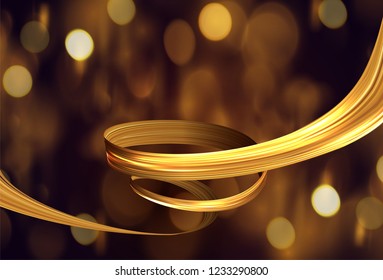 3d golden paint watercolor brush stroke or golden silk cloth stripe luxury ribbon spiral . Vector background.