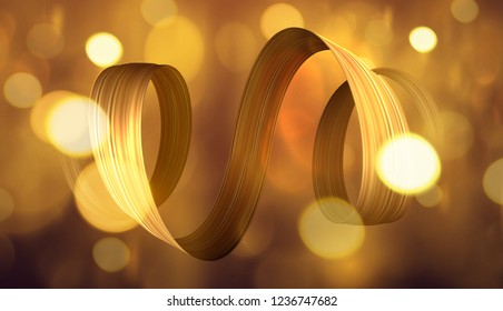 3d golden paint watercolor brush stroke or golden silk cloth stripe luxury ribbon spiral shape effect. Vector background.