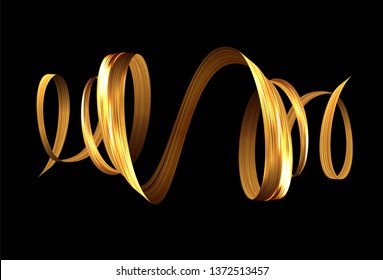 3d golden paint watercolor brush stroke or golden silk cloth stripe luxury ribbon spiral shape effect. Vector background.