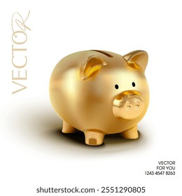 3d golden piggy bank in minimal style with shining effect, isolated on background. Saving piggy bank icon in 3d vector