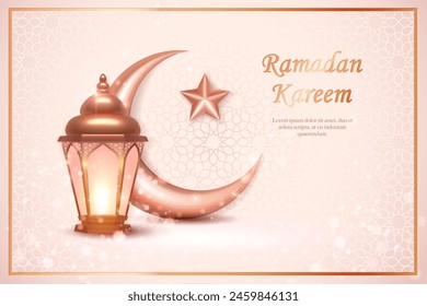 3D golden pink Islamic lantern and crescent moon star. suitable for Ramadan, Raya Hari, Eid al Adha Islamic holiday