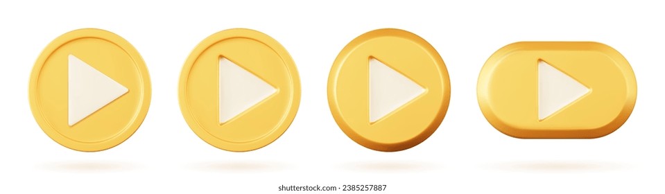 3D golden play button. Vector illustration of a gold object on a white isolated background. Music and video player icon. 3D render.