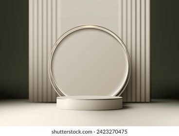 3D golden podium mockup with circle backdrop. Minimalist design and luxurious beige tones, this podium is perfect for showcasing jewelry, cosmetics, fragrances. Vector illustration
