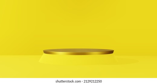 3d golden podium on minimal yellow stage background. Vector illustration.